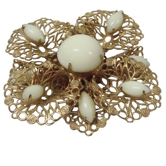 Jewelry - Vintage MCM Filigree Milk Glass? Goldtone Pin Brooch- FLAWED